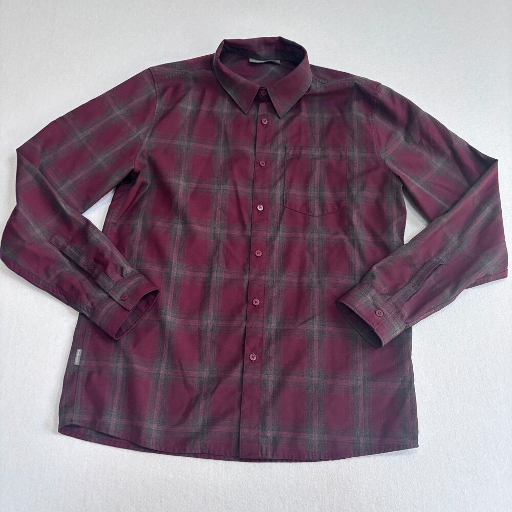 Icebreaker Wool Flannel Button Down Shirt Mens M Red Plaid Long Sleeve Hike Camp